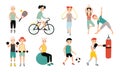 Kids sports activity collection. Exercising children set. Weightlifting, boxing, jumping rope, tennis, football, yoga