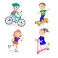Kids Sports Characters. Cycle Racing, Skateboarding, Riding