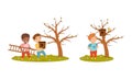 Kids spring activities set. Boys hanging birdhouses on trees cartoon vector illustration Royalty Free Stock Photo