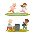Kids spring activities set. Cute children in rubber boots jumping in puddles and cleaning up city park cartoon vector Royalty Free Stock Photo