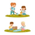 Kids spring activities set. Cute children working in garden. Boys and girls planting flowers and playing with paper boat Royalty Free Stock Photo