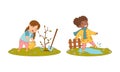 Kids spring activities set. Cute children working in garden. Girls planting tree and jumping in puddles cartoon vector Royalty Free Stock Photo