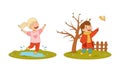 Kids spring activities set. Girls jumping in puddles and walking in park cartoon vector illustration Royalty Free Stock Photo