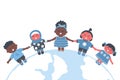 Kids stand on the globe. Multicultural group of children holding hands. Happy baby girls and baby boys Royalty Free Stock Photo