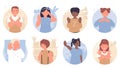 Kids with stop warning gesture in round avatar, boy and girl showing negative expression