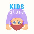 Kids Store Banner, Baby Shop Label or Emblem with Little Child Stand in Funny Pose. Infant or Children Market Element