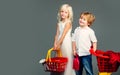 Kids store. Mall shopping. Buy products. Play shop game. Cute buyer customer client hold shopping cart. Buy with Royalty Free Stock Photo