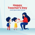 Kids student giving flower to her teacher flat illustration for happy teacher`s day background poster concept. Modern flat style