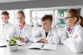 Kids or students with plant at biology class Royalty Free Stock Photo