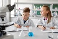 Kids studying chemistry at school laboratory