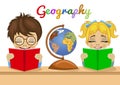 Kids studying geography together reading books with explorer globe