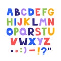 Kids style colorful font design, playful childish alphabet, letters and numbers vector illustration Royalty Free Stock Photo