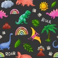 Kids style dinosaurs repeat pattern. Prehistoric fantastic dino, sun, palm trees, mountains. Watercolor seamless design