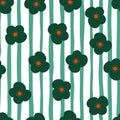 Kids style seamless pattern with random green childish daisy flowers print. Turquoise striped background