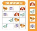 Kids sudoku 4x4 riddle game with cute dogs muzzles. Puppy tabletop puzzle. Children board game logic puzzle