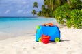 Kids suitcase, toys and snorkel equipment at beach Royalty Free Stock Photo