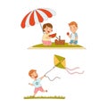 Kids summer activities set. Happy children having picnic and playing kite cartoon vector illustration Royalty Free Stock Photo