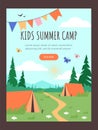 Kids summer camp advertising invitation poster, nature landscape with camping tent in forest, cartoon outdoor activities Royalty Free Stock Photo