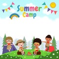 kids summer camp background education Banner Template for advertising brochure cartoon children doing activities on camping poster Royalty Free Stock Photo