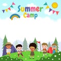 kids summer camp background education Banner Template for advertising brochure cartoon children doing activities on camping poster Royalty Free Stock Photo