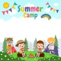 kids summer camp background education Banner Template for advertising brochure cartoon children doing activities on camping poster Royalty Free Stock Photo