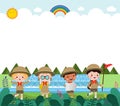 kids summer camp background education Banner Template,group of kids Scouts goes on a long walk in the forest