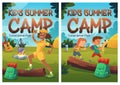 Kids summer camp cartoon posters, children hike