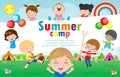 Kids summer camp education Template for advertising brochure, children doing activities on camping, poster flyer template, your te Royalty Free Stock Photo