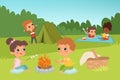 Kids summer camp vector background with children characters and camping elements