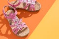 Kids summer sandals. baby shoes, girl pink fashion footwear, leather sandal ,moccasins.leather white baby girl summer Royalty Free Stock Photo