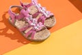 Kids summer sandals. baby shoes, girl pink fashion footwear, leather sandal ,moccasins.leather white baby girl summer Royalty Free Stock Photo