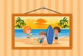 Kids on summer vacation scene photo in a frame hanging on the wall