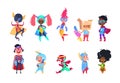 Kids superheroes. Cartoon superhero children. Boys and girls in carnival mask vector characters set Royalty Free Stock Photo