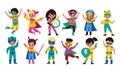 Kids superheroes. Children in superhero comics costumes, cute brave girls and strong boys in capes and masks collection Royalty Free Stock Photo