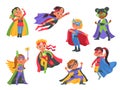 Kids superheroes. Funny little boys and girls wearing colorful costumes with masks, cute brave cartoon children Royalty Free Stock Photo