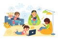 Kids surf internet. Children sitting in room and hold gadgets in hands, boys and girls with smartphones and laptops