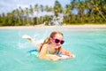 Kids surf on tropical beach. Vacation with child Royalty Free Stock Photo