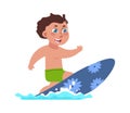 Kids surfing. Boy riding board on waves. Extreme water sport. Active pastime at beach. Entertainment and leisure Royalty Free Stock Photo