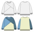 Kids Sweatshirt Flat Sketch Collection, Color Block & Panel Cut Long Sleeve Pullover Vector Set Royalty Free Stock Photo