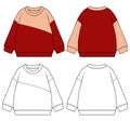 Kids Sweatshirt Flat Sketch Collection, Color Block & Panel Cut Long Sleeve Pullover Vector Set Royalty Free Stock Photo