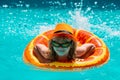 Kids swim swimming pool. Summer vacation concept. Summer kids portrait in sea water on beach. Blue water poolside. Royalty Free Stock Photo