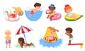 Kids swimming. Happy kid applying sunscreen, going down water slide. Cartoon children in swimsuit on beach, summer