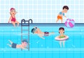 Kids in swimming pool. Boys and girls in swimwear play and swim in water. Happy childhood vector summer concept Royalty Free Stock Photo