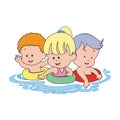 Kids in swimming pool. Cute kids playing buoy in beach. Vector drawing illustration.
