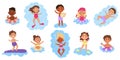 Kids swimming in pool or sea, summer children pool games. Multiethnic kids having fun in water vector illustration set