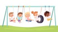 Kids swing. Children funny games rides on car tears rope fitness activities vector characters Royalty Free Stock Photo