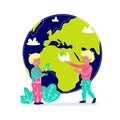 Kids take care about Earth. Children protect planet. Ecology environment attention concept with child globe. Vector