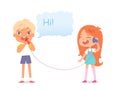 Kids talk telephone, play phone toy together, boy saying hi chat text in speech bubble