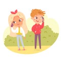 Kids talking on phone in park. Little boy and girl chatting on smartphones. Children with mobile devices vector