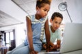 Kids, technology concept. Happy children using laptop to learn, play, fun. Royalty Free Stock Photo